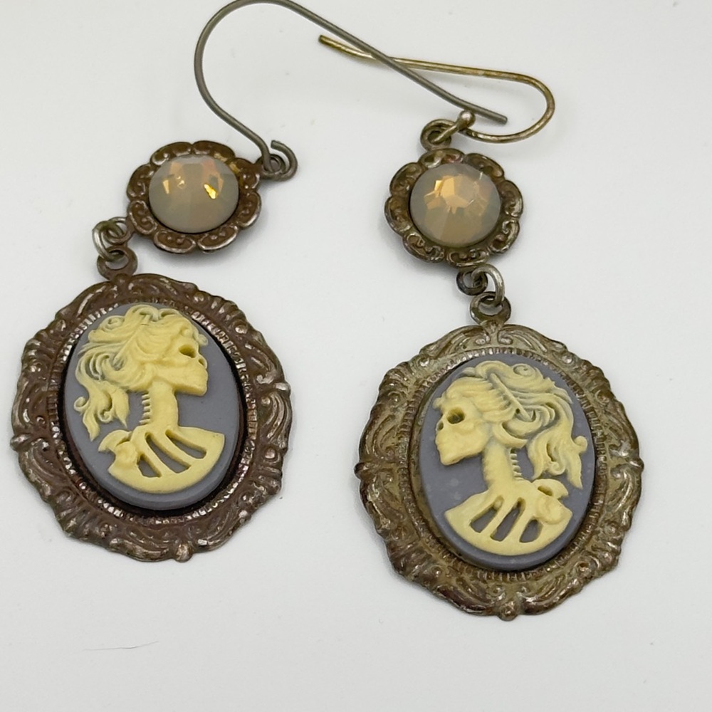 Goth Victorian Skeleton Cameo & Opal Crystal Dangle Earrings Antique